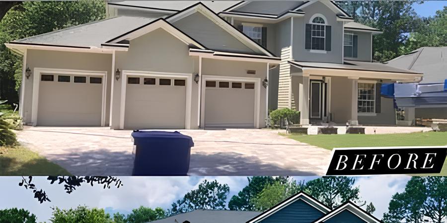 Two-story home exterior before and after repainting