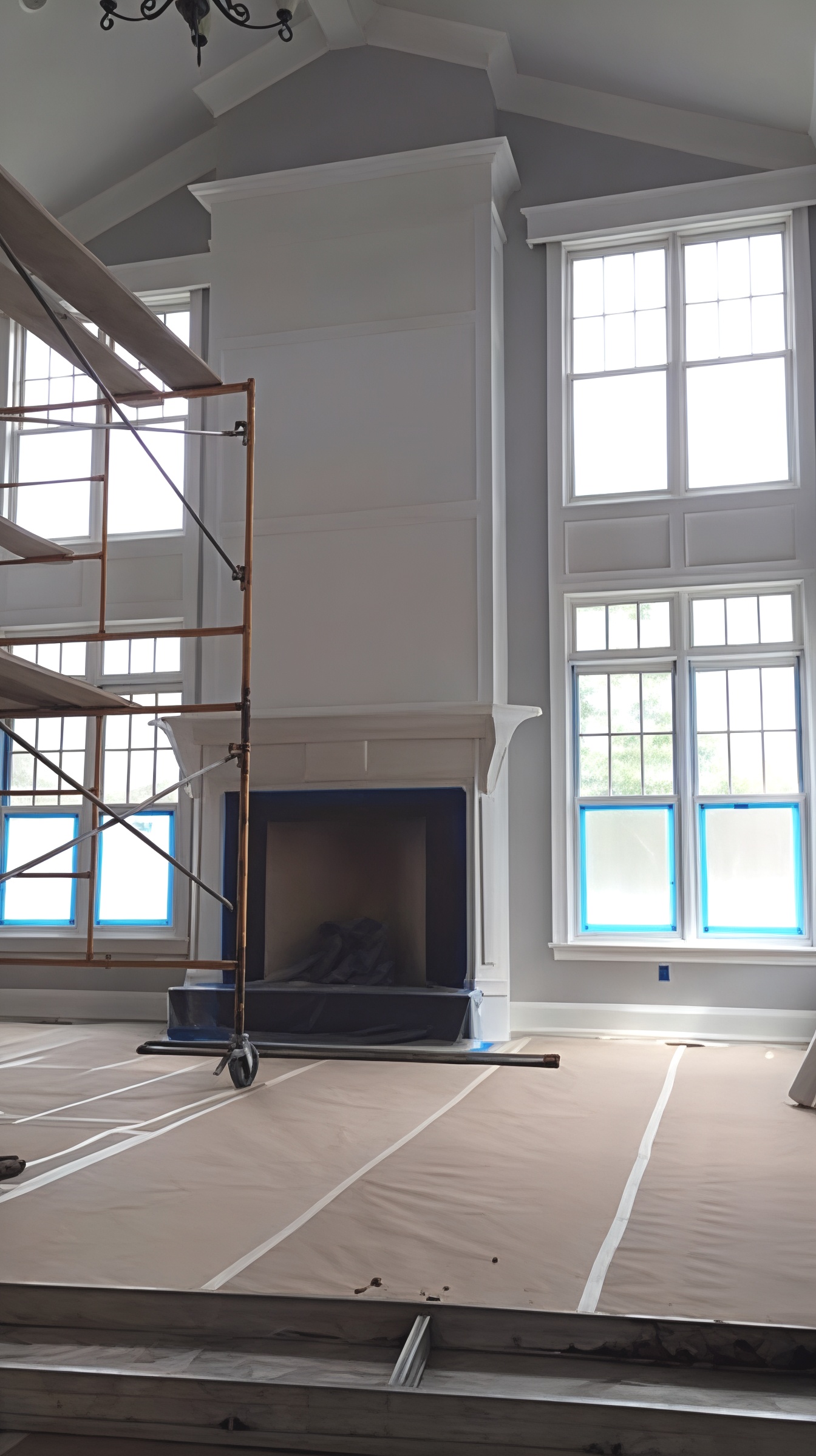 Scaffolding set up for painting a two-story living room with tall windows
