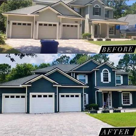 Before and after exterior repaint of a two-story home by Luxe Painting & Remodeling