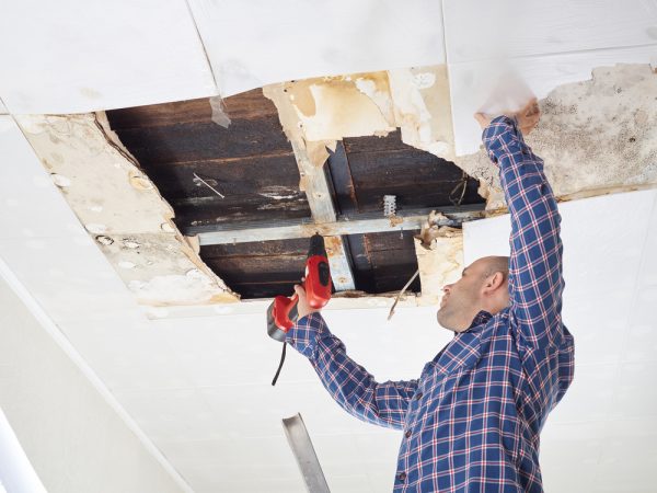 Man,Repairing,Collapsed,Ceiling.,Ceiling,Panels,Damaged,Huge,Hole,In